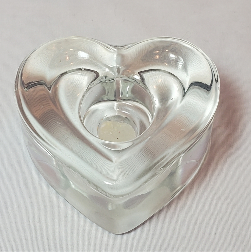 Art Glass Vintage Heart-Shaped Crysral Candle Holder Bubbles 3/4" Dia Candle